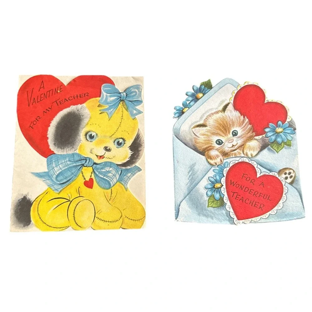 Vintage Valentine Cards for Teacher Whitman Puppy Dog Kitten Cat‎ Ephemera Lot 2